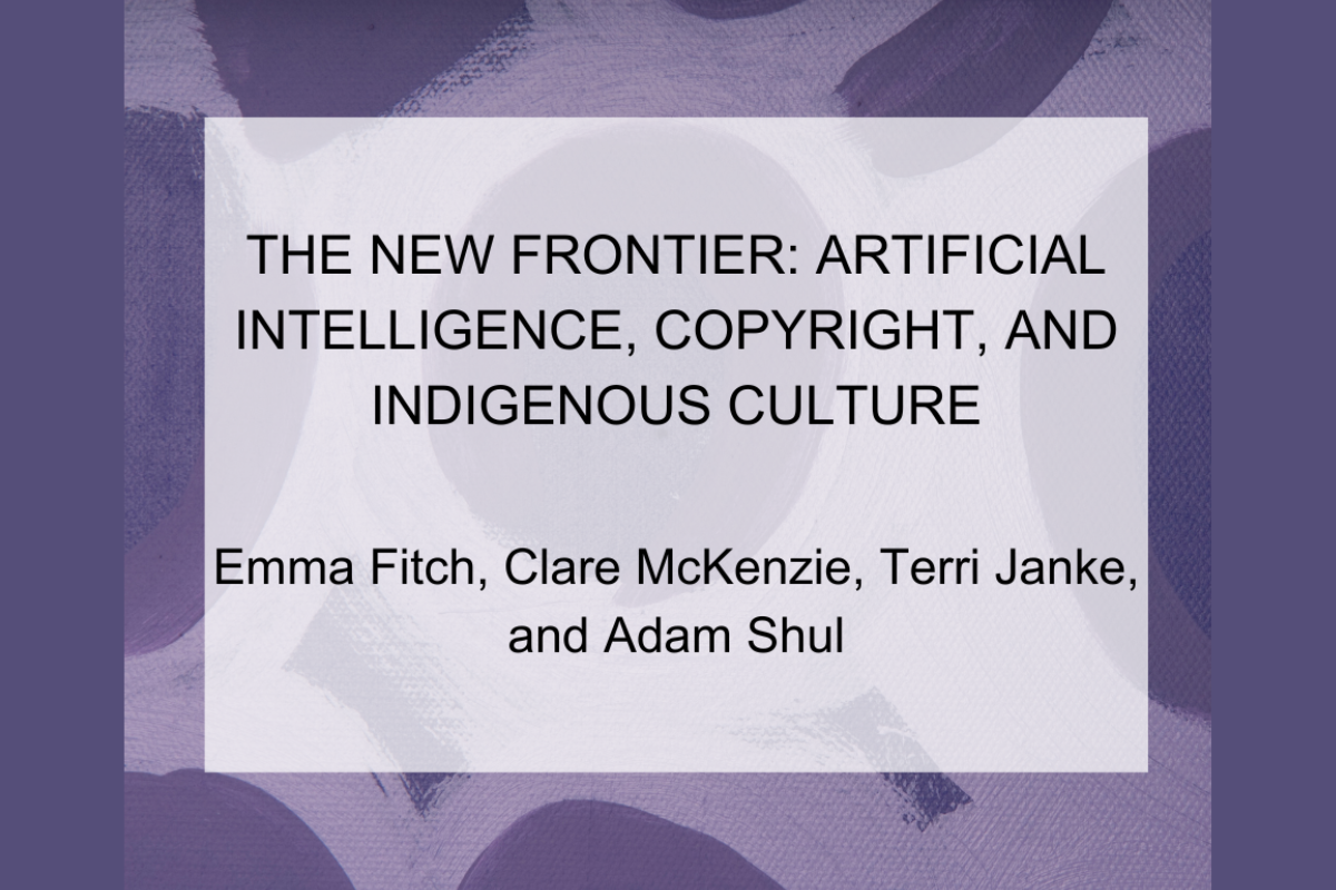 Event slide titled “The New Frontier: Artificial Intelligence, Copyright and Indigenous Culture.”